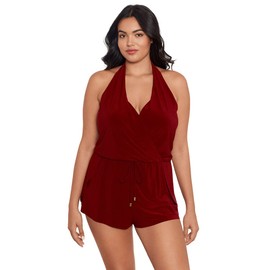 MagicSuit Women's Swimwear Plus Solid Bianca V-Neck Soft Cup Halter One Piece Romper Swimsuit, Merlot, 20W