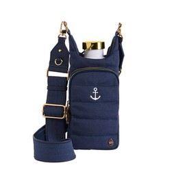 WanderFull Original HydroBag Fits Up to 32 oz Water Bottle Holder with Strap - Hands-Free Crossbody Water Bottle Carrier Bag with Phone Pocket, Tumbler Bag - Navy Canvas Anchor