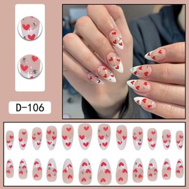 24 Pcs French Tip Press on Nails Valentines Day Medium Fake Nails Full Cover False Nails with Rhinestone Designs Heart Acrylic Nails Cute Almonds Glue on Nails for Women Girls Nail Decorations