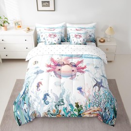 Feelyou Kids Cute Axolotl Twin Comforter Set with Sheets Cartoon Salamander 7 Pieces Bedding Set for Toddler Boys Girls Kawaii Ocean Sealife Bed in a Bag Reptile Animal Bed Set