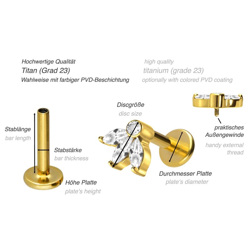 PIERCINGLINE Titanium Lotus Blossom Labret with Internal Thread, Lip/Nose/Ear/Helix Piercing
