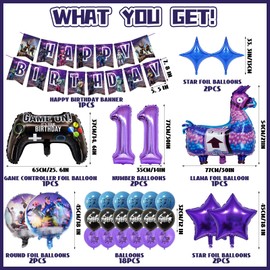 11th Video Game Foil Balloons, Birthday Decorations Gameing Theme Party Decorations Happy Birthday Banner Party Supplies Latex Balloons 11 Years Old Boys Gamers Lovers