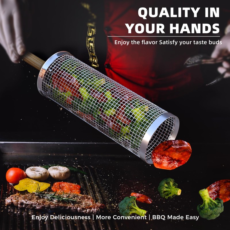 Rolling Grill Baskets for Outdoor Grill, Stainless Steel Rolling Grill