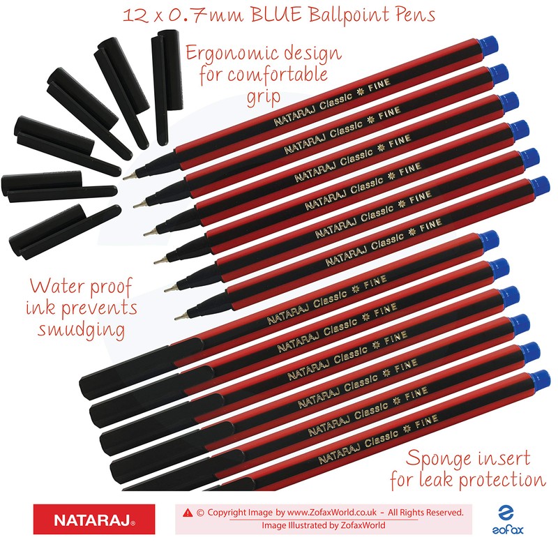 NATARAJ Classic Fine Point BLUE Ballpoint Pens (12 x 0.7mm
