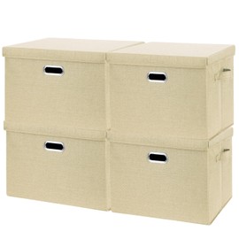 SNWDN 4 Pack Collapsible Fabric Storage Bins with Lids Fabric storage box with lids for Household and office use (Beige 14.6x10.6x10.2 inches)