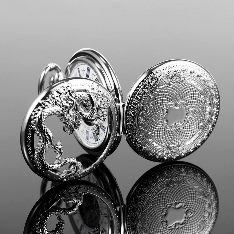 TREEWETO Mens Antique Skeleton Mechanical Silver Pocket Watch Dragon Hollow