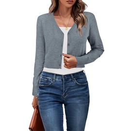Newshows Womens Fall Fashion Cropped Cardigan Open Front Button Down Knit Bolero Shrug 2025 Summer Trendy Long Sleeve V Neck Business Casual Sweaters Gray L