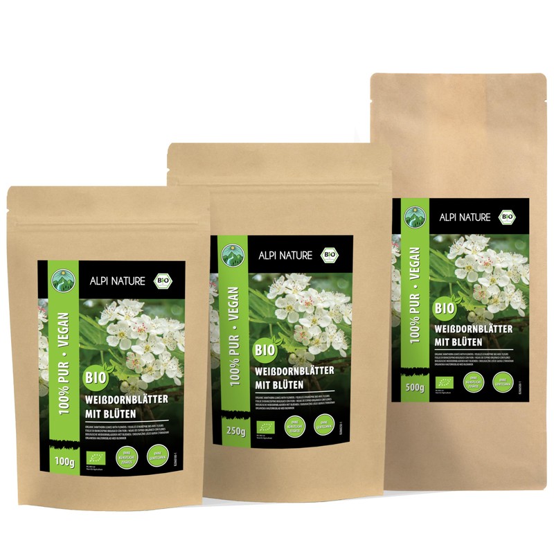 Organic hawthorn tea, organic hawthorn leaves with blossoms, hawthorn from