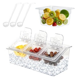 FSUON Ice Chilled Condiment Server, Condiment Caddy with 3 Polycarbonate Containers, 4" 1/6 Food Pan & Lid