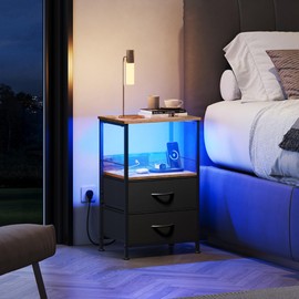 WLIVE Nightstand with Charging Station, LED Night Stand with 2 Fabric Drawers and Open Shelf, Small Dresser for Small Spaces, Side End Tables for Bedroom, Rustic Brown and Black