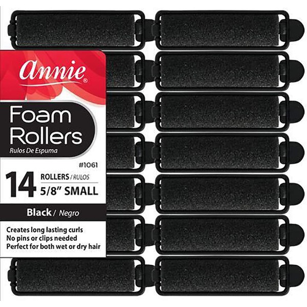 Annie Salon Style Small Foam Hair Rollers - 5/8" Black - 14 Piece Set - Soft Heat-less Hair Curling Tools
