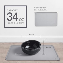 Frewinky Dog Bowls,Ceramic Dog-Food Bowl and Water Bowl Set for Medium/Small Sized Dogs,No Spill Non Skid Dog Bowl Mat and Tilted Double Pet Bowls,Set of 3,Black