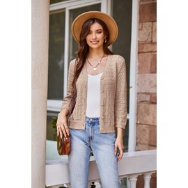 GRACE KARIN Women 3/4 Sleeve Crochet V Neck Button Down Bolero Sweaters V-Neck Button up Cardigans Deep Apricot XXL