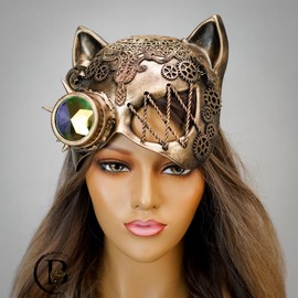 Steampunk Cat Mask Animal Masquerade Ball Cat Woman Mask Halloween Cosplay Costume Mask Party Masks Props (Gold Kaleidoscope)