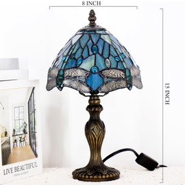 TCODTPOL Small Tiffany Lamp Stained Glass Table Lamp Mini Desk Accent Light for Bedroom Bedside Reading Home Antique Style Decor 8X15 Inches (Blue Dragonfly)