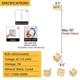 dolria Modern Crystal Chandeliers 1-Lights Pendant Lights for Kitchen Island LED Dimmable Light Fixture 3000K 6000K