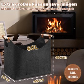 Firewood Basket Felt Basket for Firewood, XL Firewood Basket Felt Firewood Basket Foldable with Reinforced Wooden Handle Firewood Bag for Shopping Newspaper or Firewood, 45 x 32 x 40 cm, Dark Grey