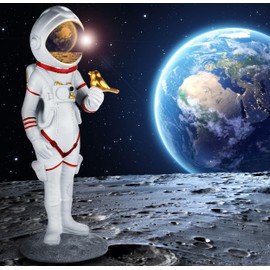 BRUBAKER Decorative Astronaut with Small Bird - 30 cm Spaceman Space Figure with Chrome-plated Helmet - Hand-Painted Modern Space Statue - Astronaut Gold and White