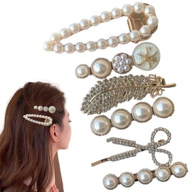 JazSwirl Pearl Hair Clips for Women, 2 to 2.36 Inch (5 to 6 cm) Pearl Clip for Hair, Gold Alloy with Rhinestones, 6-Piece Set with Multiple Styles Hair Clips