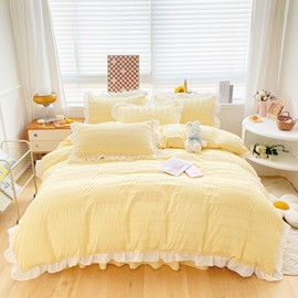 ZIQINPSQ Seersucker Duvet Cover Set Ruffle Duvet Cover Bedding Set,Romantic French Princess Style Ruffled Duvet Cover with Zipper Closure (Yellow, Double)