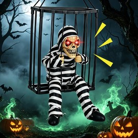 HIULLEN Screaming Animated Hanging Decoration, Infrared Sensor Skeleton Ghost Halloween Prop, Scary Skull Cage Prisoner Spooky for Outdoor, Indoor, And Party Use