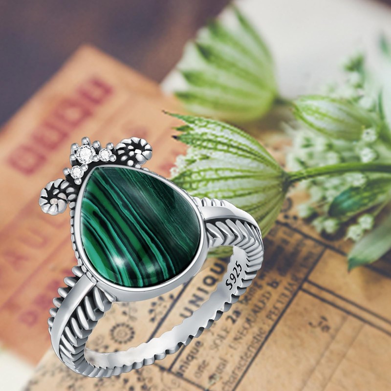 Plesitep Pear Malachite Ring 925 Sterling Silver Malachite Stone Ring