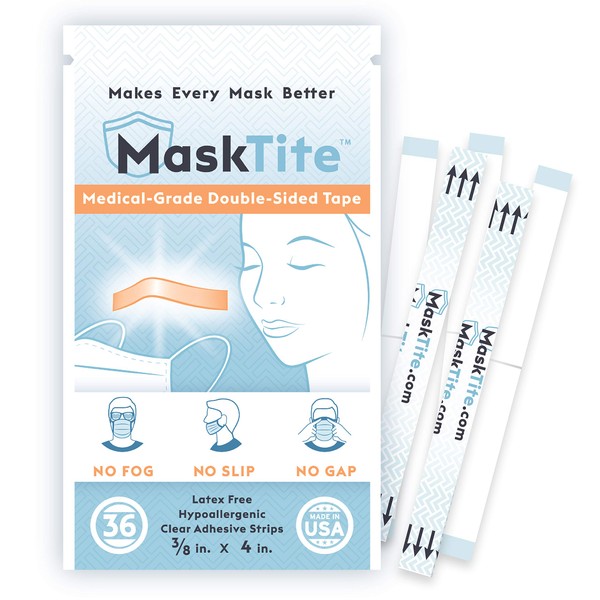MaskTite – Face Mask Tape, No Fogging Glasses. No Slipping Masks. No Gaps. Made in USA. Gentle, Medical-Grade, Hypoallergenic, Latex Free, Double-Sided Tape 36 Precut Strips. Works with Any Mask.
