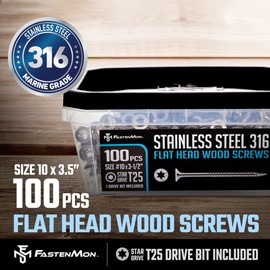 FM FastenMon #10x3-1/2 Marine Grade 316 Stainless Steel Wood Screws, 100 PCS, Torx Flat Head T25, Type 17 Point, Ideal for Decks, Fences, Coastal Construction, Bulk Box