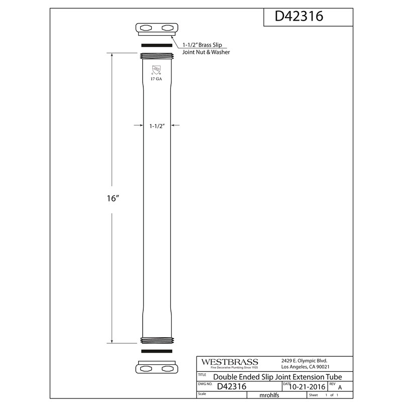 Westbrass D42316-26 1-1/2" x 16" Double Ended Slip-Joint Extension Tube,