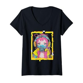 Womens Japanese Harajuku Gas Mask Girl Glitchcore V-Neck T-Shirt