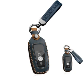HIBEYO Leather Key Fob Cover for Ford F150 Explorer Mustang Fusion Edge Escape Mondeo Raptor F-250 F-350 F-450 F-550 Car Key Case Accessories for Ford 3 4 5 Buttons Car Key-Blue