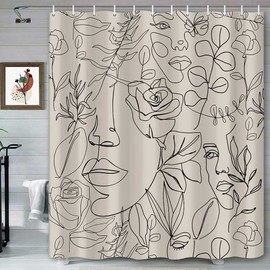 Abstract Face Shower Curtain, Black Lines Women Face Floral Butterfly Silhouette Minimalist Art Aesthetic Bathroom Decor Curtains, Fabric Polyester Waterproof Shower Curtain Sets with Hooks 72 x 72