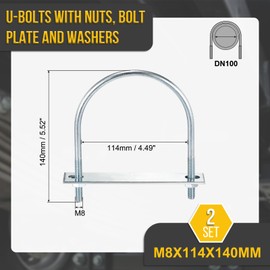 DTGN M8x114x140mm U Bolts Round Kit - 2Set - Carbon Steel U-Bolt Kit with Nuts, Washers, Frame Plate - Good for DN100 Pipe, Trailer, Automotive, Leaf Spring Fastener