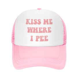 Funny Trucker Hat Kiss Me Where I Pee for Women and Men Baseball Cap Breathable Mesh Pink