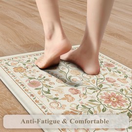 KIMODE Anti Fatigue Mats for Kitchen Floor Non Slip,Farmhouse Boho Floral Standing Kitchen Rugs Sets of 2,Comfort Cushioned Padded Ergonomic Carpet for Laundry Sink Office,Beige