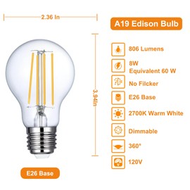 Vinaco A19 LED Edison Bulb Dimmable 8W 120V 2700K Warm White for Chandelier