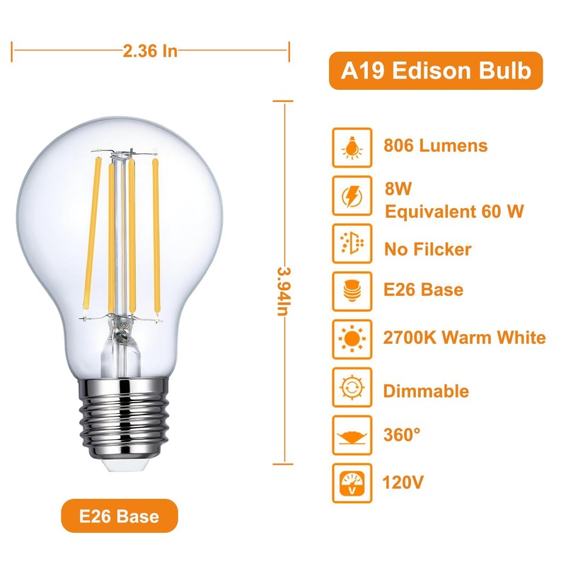 Vinaco A19 LED Edison Bulb Dimmable 8W 120V 2700K Warm