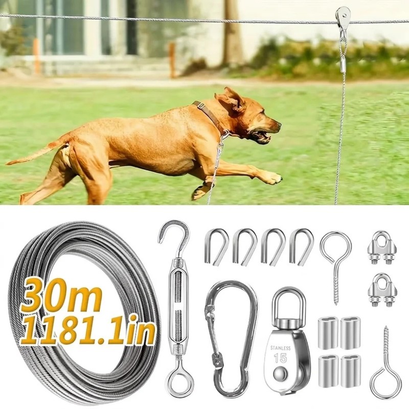 Outdoor Dog Tie Out Trolley Cable System Kit with Pulley,