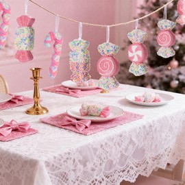 8pcs Candy Land Christmas Tree Decorations, 6 Inch Pink White Candy Cane Candy Theme Ornaments for Pastel Christmas Decor, Candyland Christmas Tree Decorations XMS Gift Hanging DIY Crafts