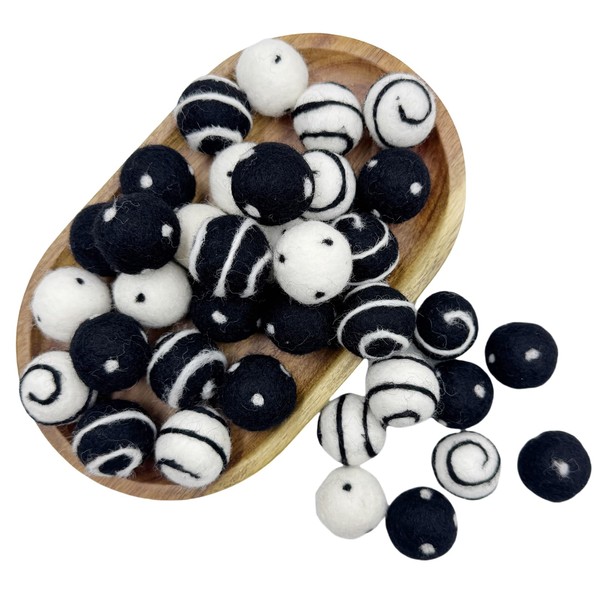Wool Felt Balls for Crafts 2.5cm 40pc Black White Polka