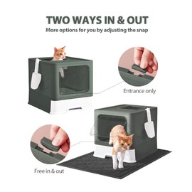 Medario Cat Litter Box with X-Large Litter Mat and Scoop, Large Foldable Litter Box with Lid, Enclosed Kitty Box,Front Top Entry Exit, Odor Control Easy to Clean (Upgrade Olive Green)