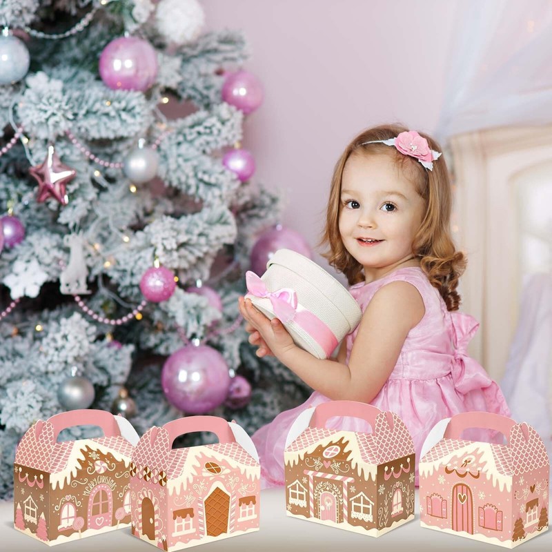 24Pcs Pink Christmas Paper Gift Boxes Gingerbread House Candy Boxes