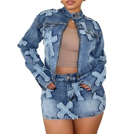 acelyn Women’s Denim Set 2 Piece Outfits Casual Denim Jacket & Mini Skirt Set Bodycon Jean Outfits with Pockets