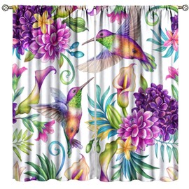 Cortinas florales de primavera de colibrí, acuarela, flores rosadas, mariposas, colibrí, diseño de naturaleza, cortinas de ventana para recámara, sala de estar, cocina, juego de 2 paneles, decoración