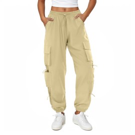 COPYLEAF Womens Parachute Cargo Pants with Pockets Quick Dry Hiking Pants Lightweight Waterproof Baggy Joggers(Light Khaki M)