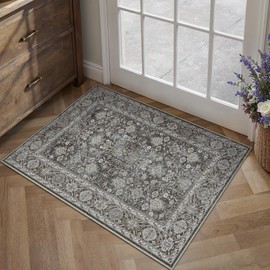 PureCozy Black Area Rug 2x3 Vintage Entryway Carpet Indoor Washable Kitchen Door Mat Non Slip Living Room Carpet Small Low Pile Traditional Distressed Retro Accent Throw Rug Non Slip Office Bathroom