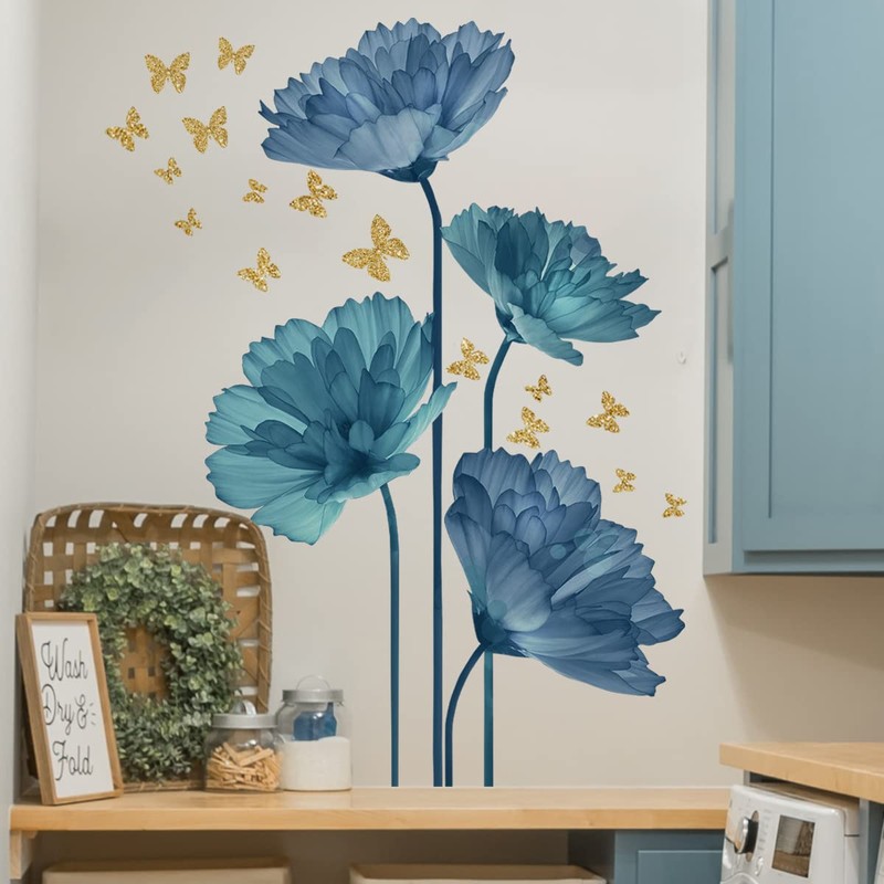 Runtoo Large Blue Flower Wall Decals Butterfly Floral Wall Stickers