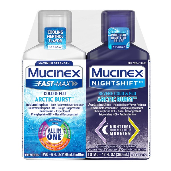 Mucinex Fast-Max Cold & Flu Arctic Burst and Mucinex Nightshift Severe Cold & Flu Arctic Burst Liquids - 2 x 6 fl. oz. Fast, Powerful Multi-Symptom Relief with Just 1 Dose