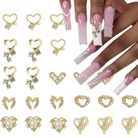 28 PCS Valentine Nail Art Charms Gold Metal Heart Nail Charms Shiny Nail Supplies with Rhinestones Pearls Luxurious Nail Accessories Jewelry for Women Valentine's Day DIY Nail Decorations Design