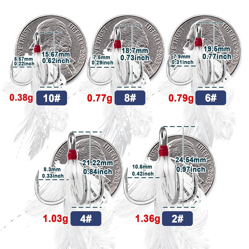 FishTrip Feathered Treble Hooks Fishing, 15Pcs Dressed Treble Hook Size